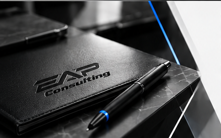 EAP Consulting notebook and pen on a dark desk
