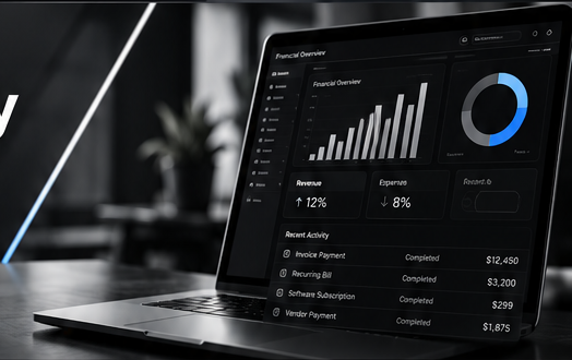 Laptop displaying a financial dashboard in a modern dark office